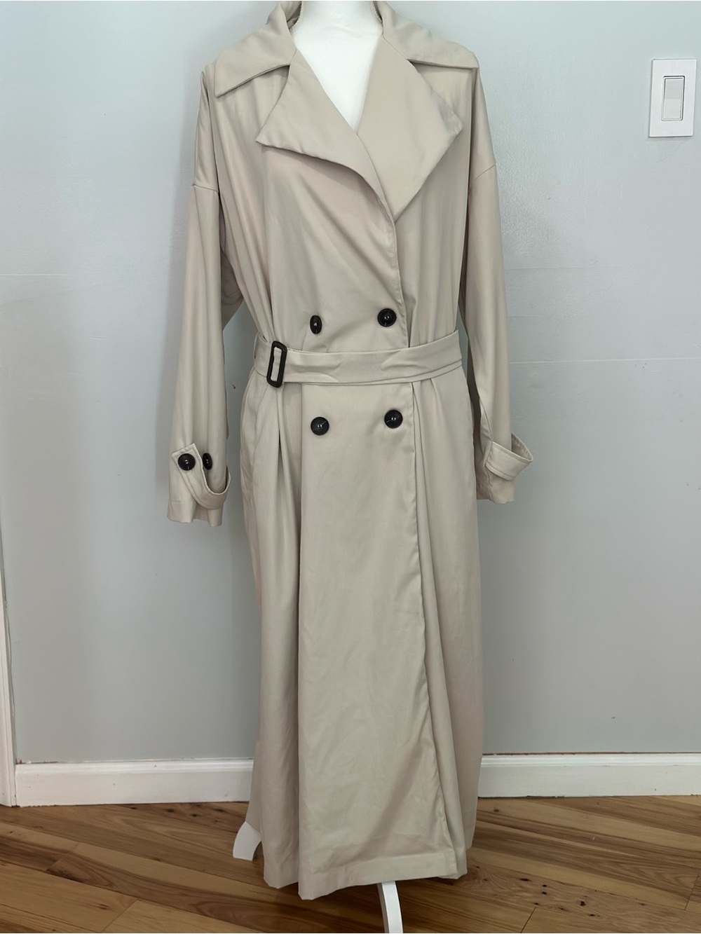 Cider Long Double-Breasted Long Trench Coat with Belt